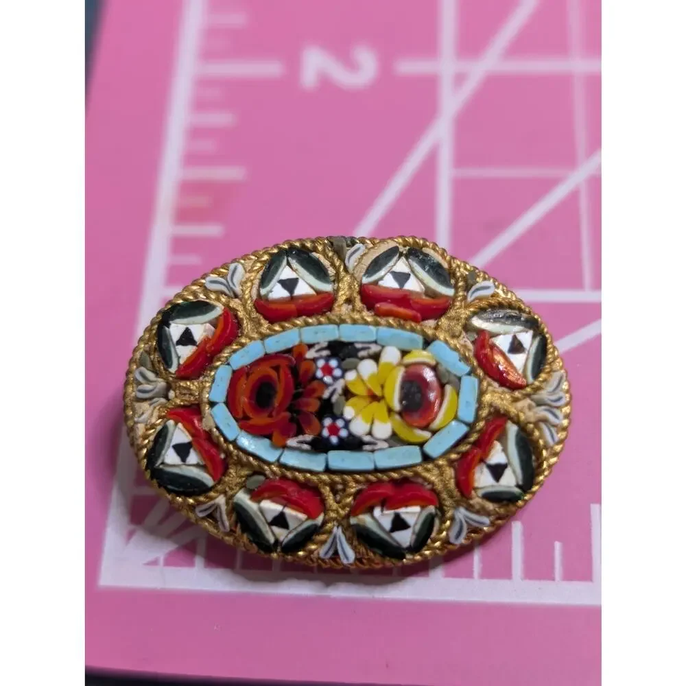 Antique Italian Micro Mosaic Multi Color Brooch & Matching Clip On Earrings